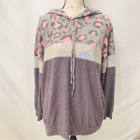 Sequin Embellished Pink and Gray Animal Print Attached Hood Sweatshirt NWT S - Picture 3 of 13